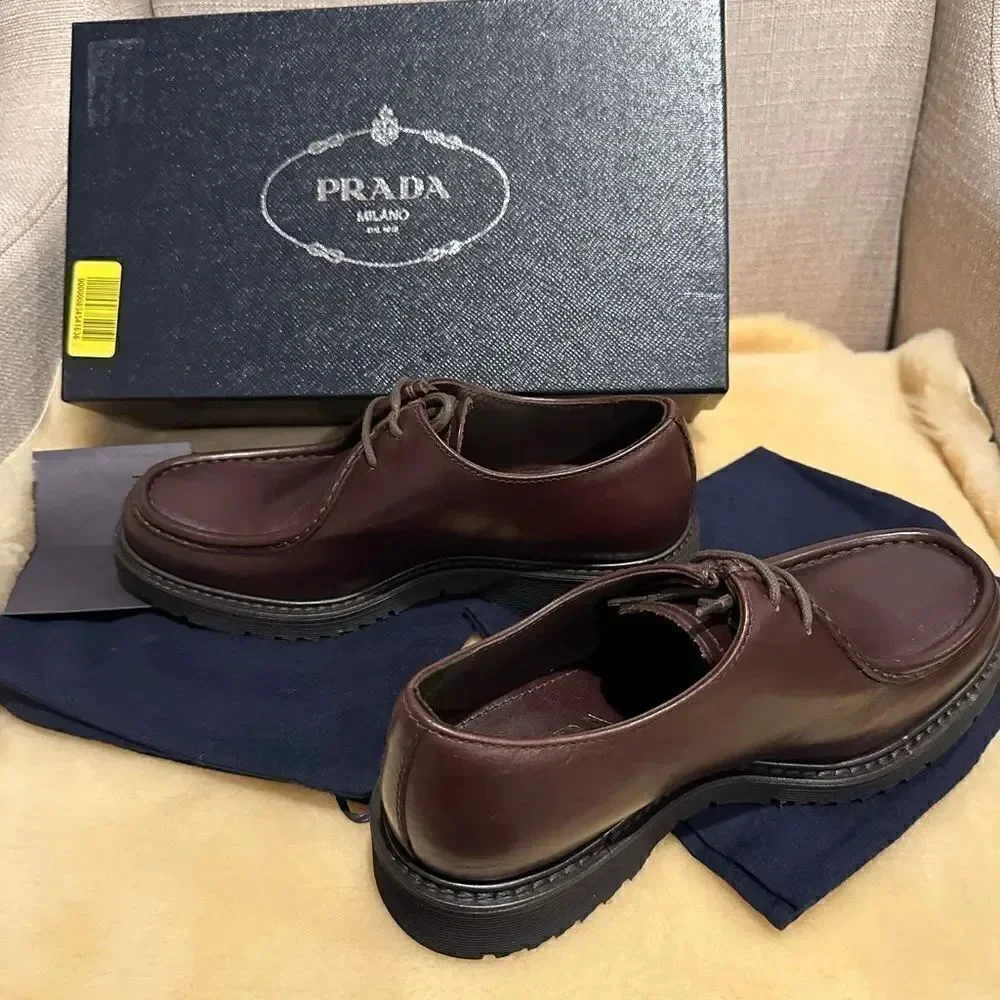 Prada Men’s brushed leathers lace up brown loafers Sz US 6, EU38,5-39, NIB